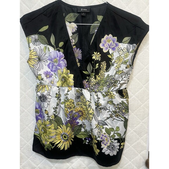 B Wear Byer California Woman's Floral Satin Look Blouse Medium Empire Waist - Picture 1 of 5